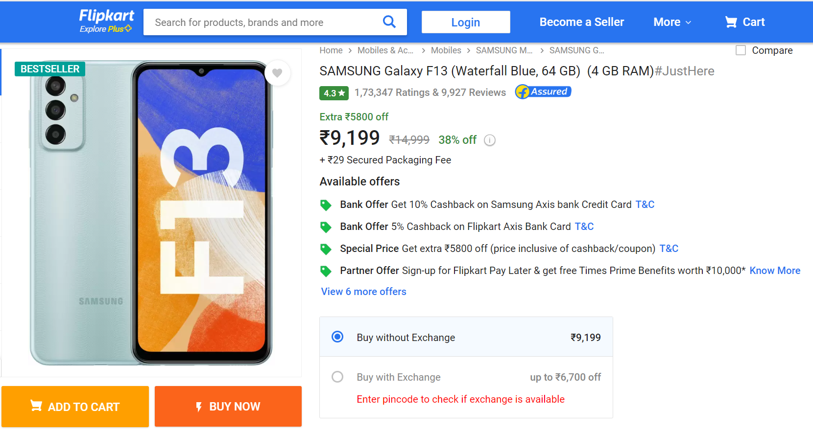 Samsung Galaxy F13 offer on Flipkart